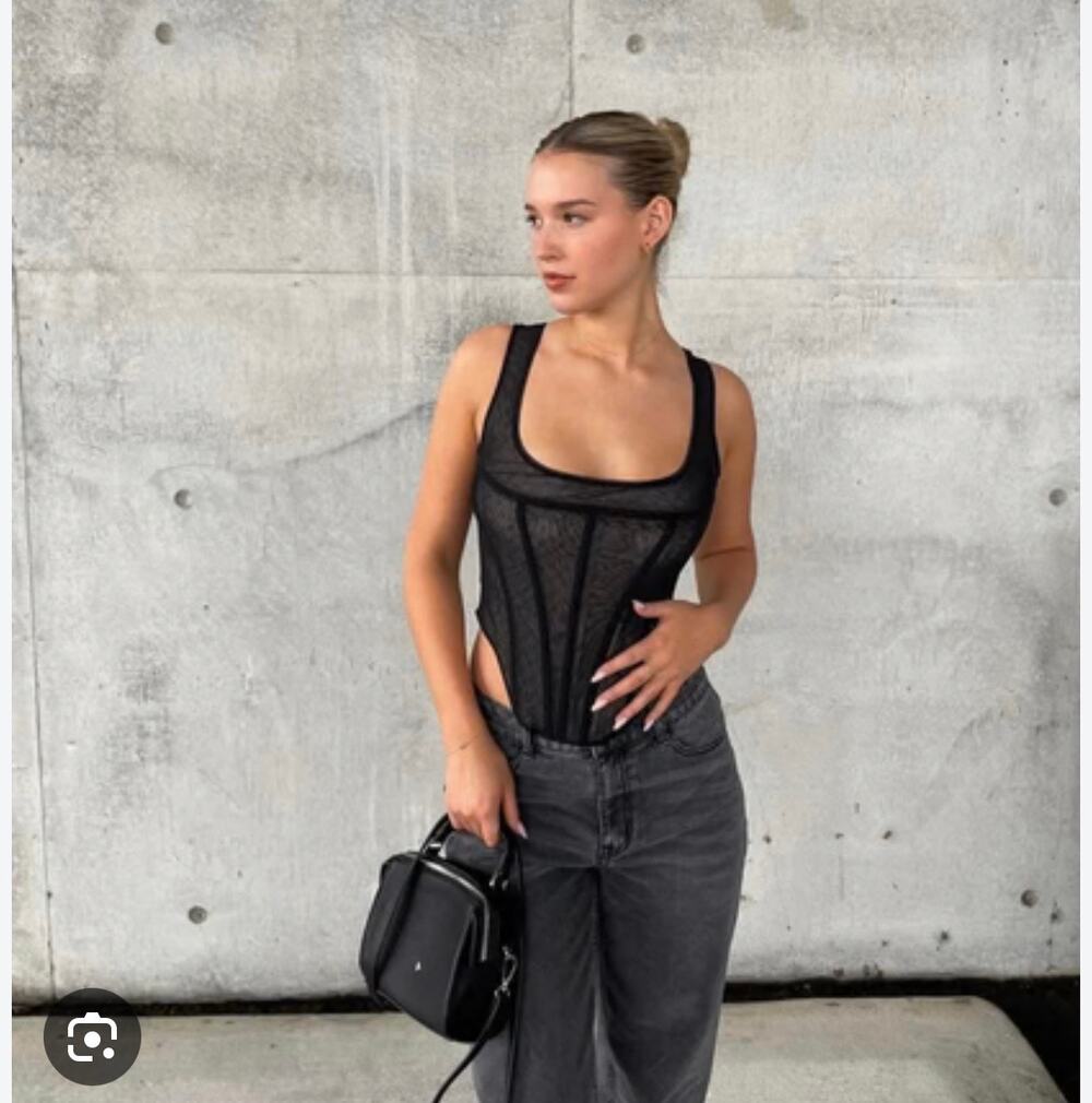 Miaou Campbell Mesh Corset Top Black Sheer Graphic Print Size Small